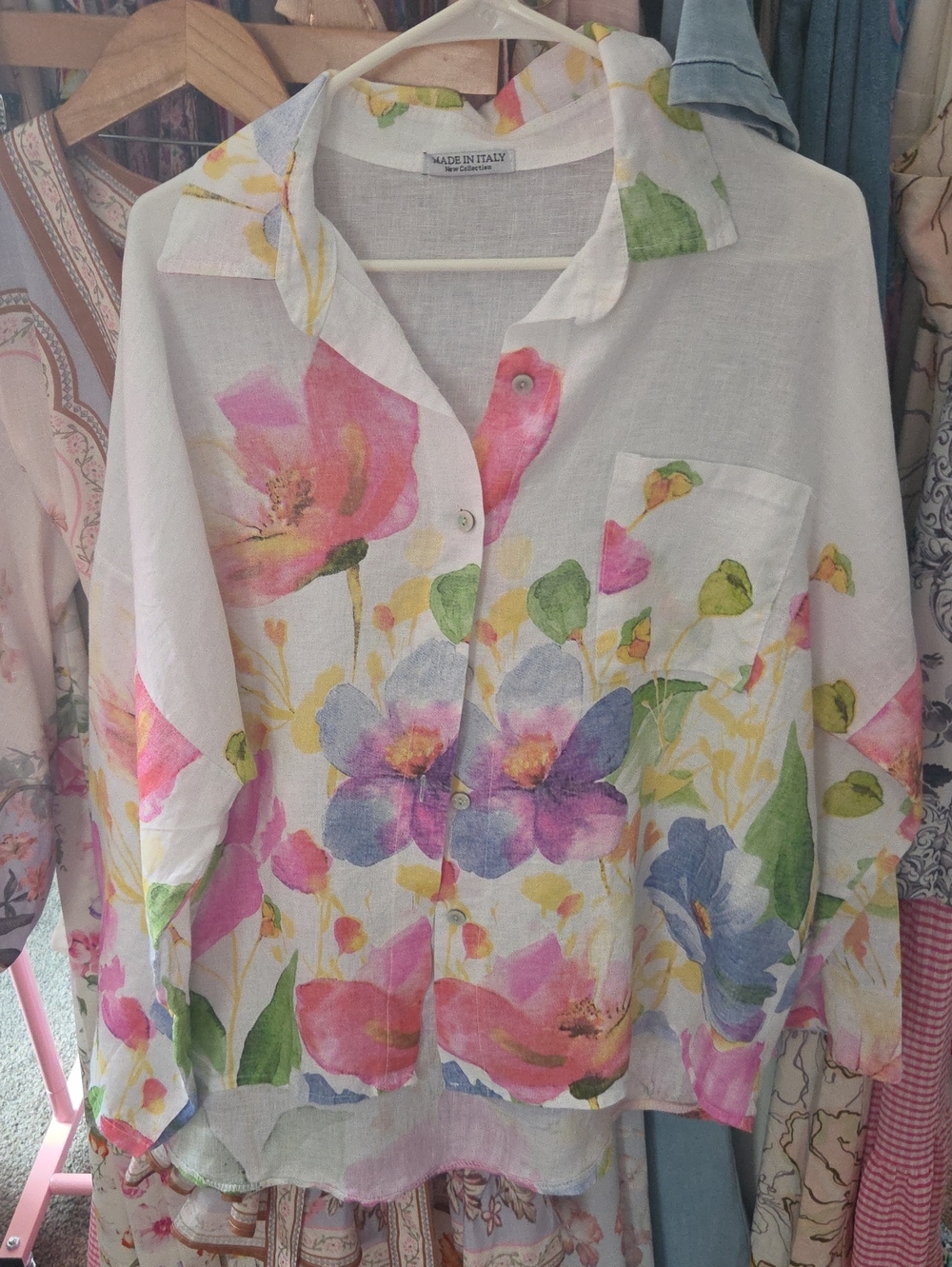 Made in Italy Floral Button-Up Blouse - White with Pink, Purple & Green Flowers